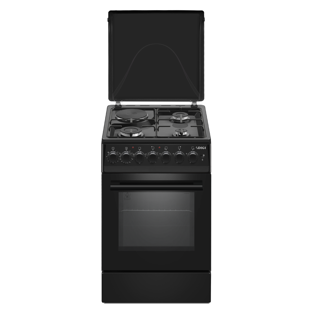 DIGI Cooker 50x50 Black – 3 Gas + 1 Hot Plate, Electric Oven, Thermostat, Push Ignition, 2Y Warranty (2025)