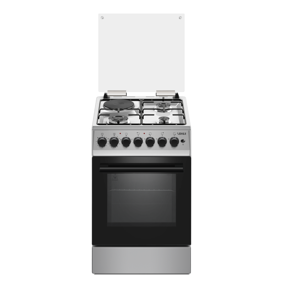 DIGI Cooker 50x50 Steel – 3 Gas + 1 Hot Plate, Electric Oven, Thermostat, Glass Cover, 2Y Warranty (2025)