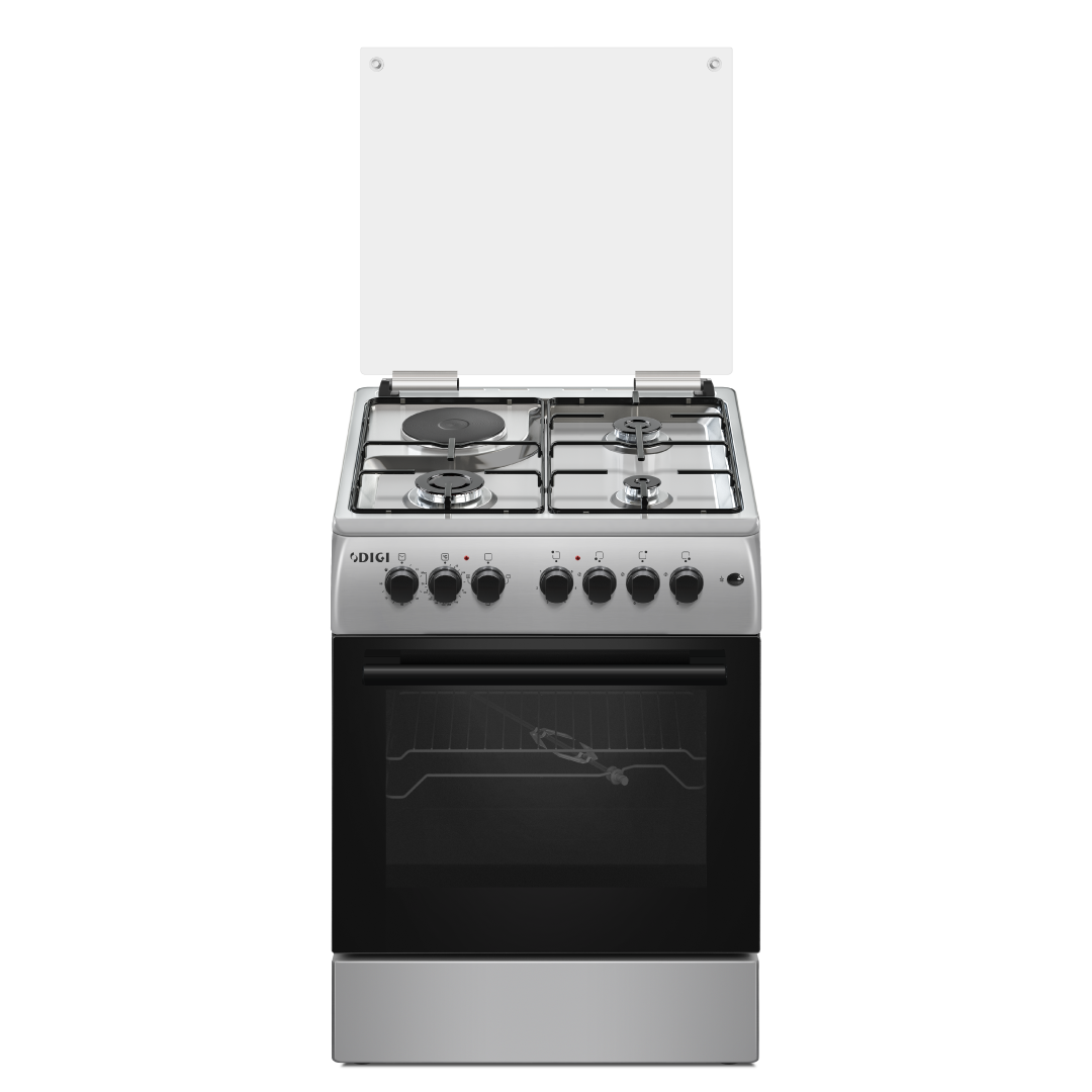 DIGI Cooker 60x60 Steel – 3 Gas + 1 Hot Plate, Electric Oven, Thermostat, Glass Cover, 2Y Warranty (2025)