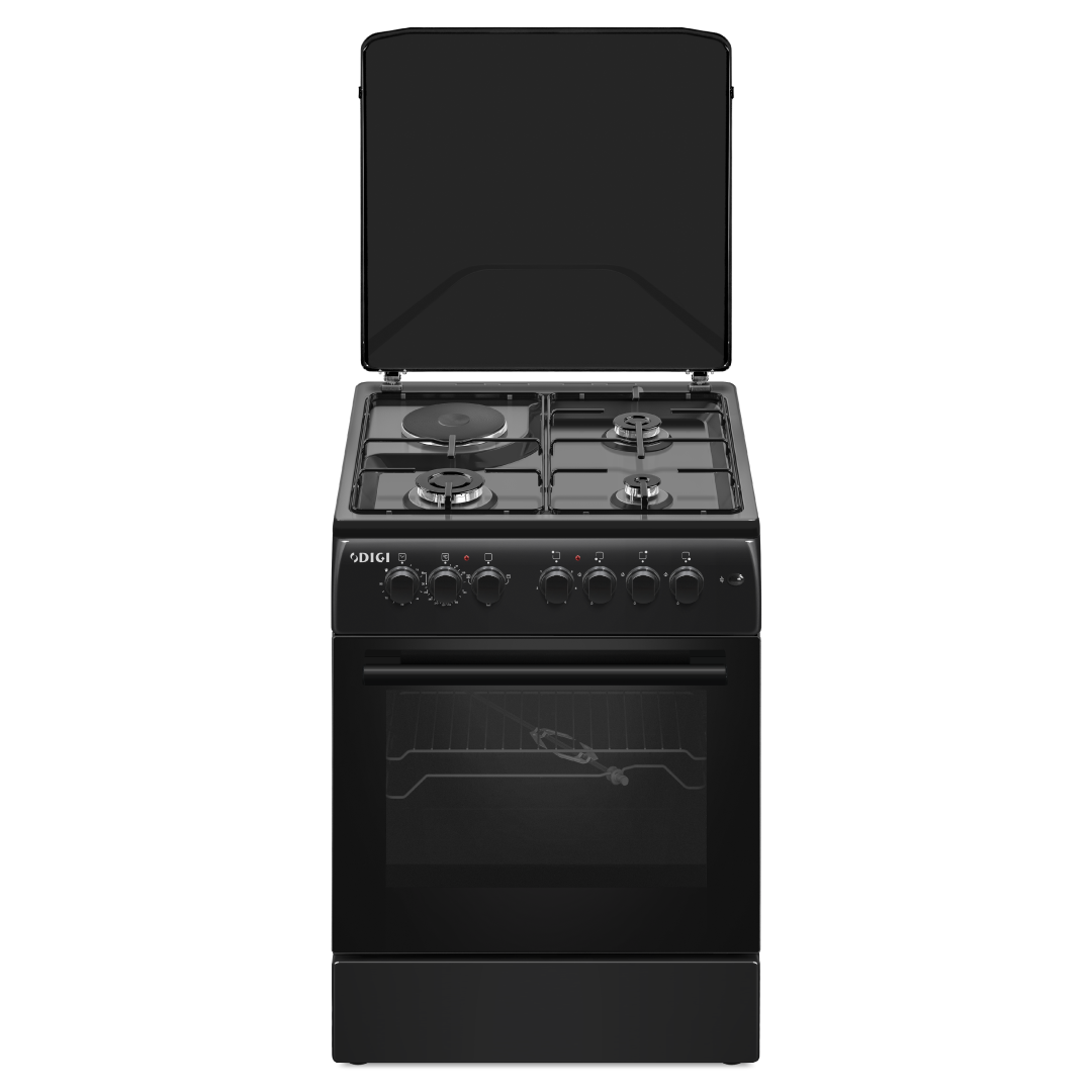 DIGI Cooker 60x60 Black – 3 Gas + 1 Hot Plate, Electric Oven, Thermostat, Metal Cover, 2Y Warranty (2025)