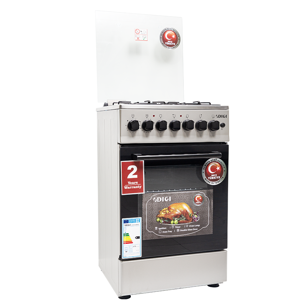 DIGI Cooker 50x50 Steel – 3 Gas + 1 Hot Plate, Electric Oven, Thermostat, Glass Cover, 2Y Warranty (2025) thumbnail