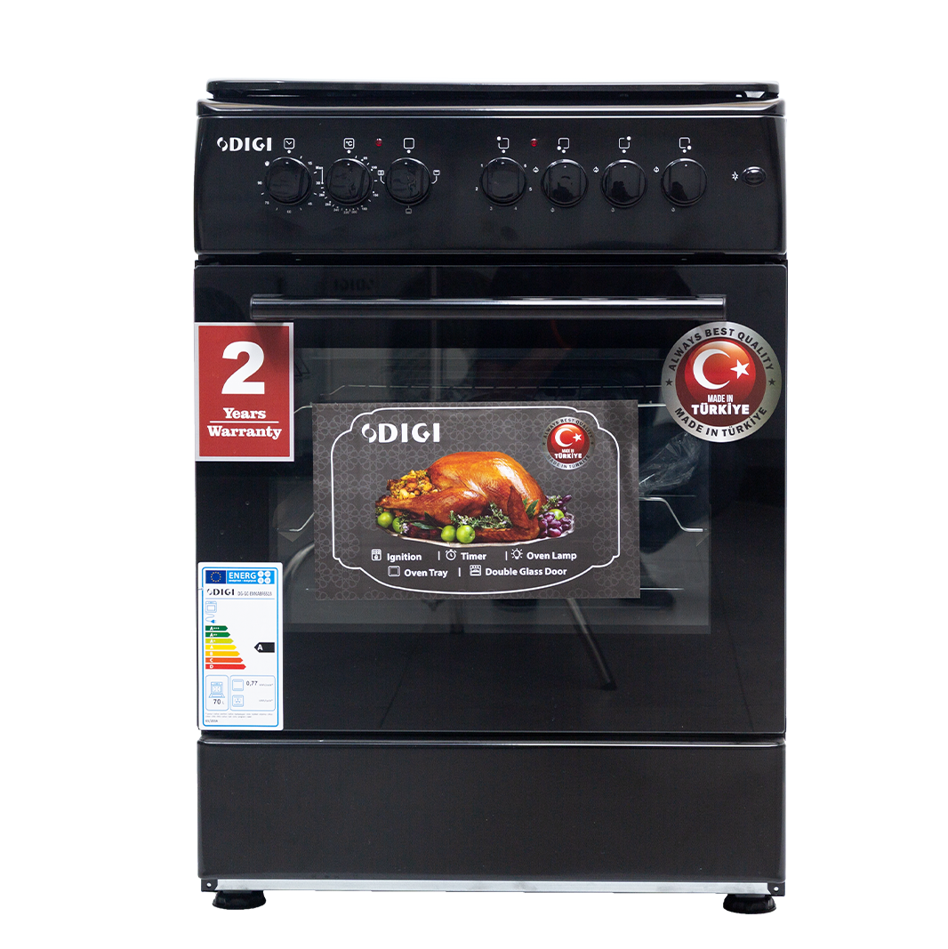 DIGI Cooker 60x60 Black – 3 Gas + 1 Hot Plate, Electric Oven, Thermostat, Metal Cover, 2Y Warranty (2025)