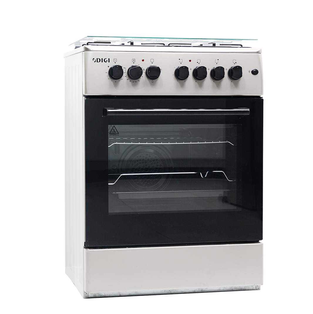DIGI Cooker 60x60 Steel – 3 Gas + 1 Hot Plate, Electric Oven, Thermostat, Glass Cover, 2Y Warranty (2025)