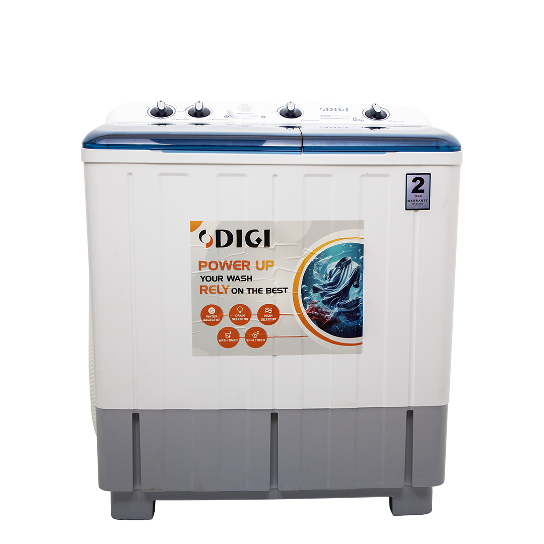 DIGI Washing Machine 8kg – Twin Tub, High-Efficiency Motor, Durable Body, Elegant White, 2Y Warranty (2025)