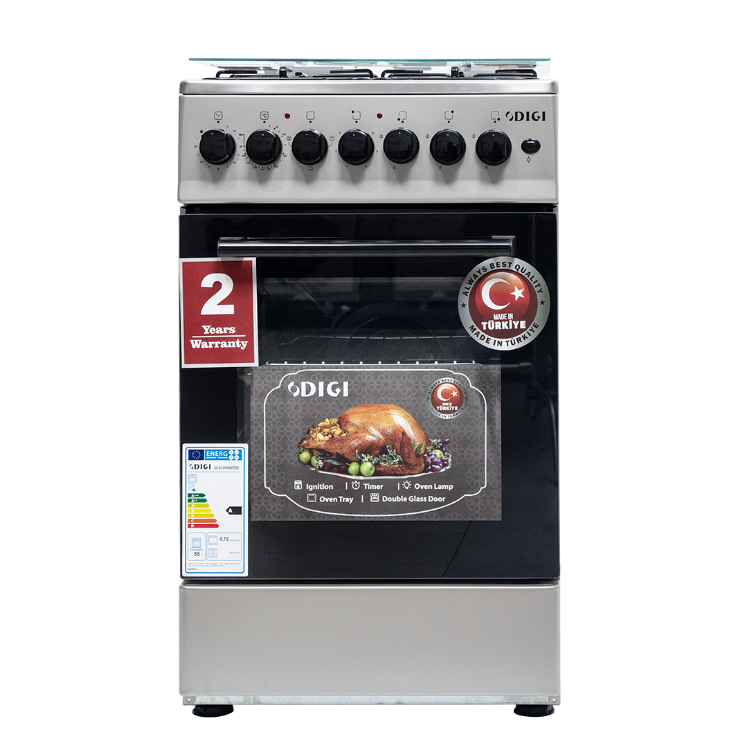 DIGI Cooker 50x50 Steel – 3 Gas + 1 Hot Plate, Electric Oven, Thermostat, Glass Cover, 2Y Warranty (2025)