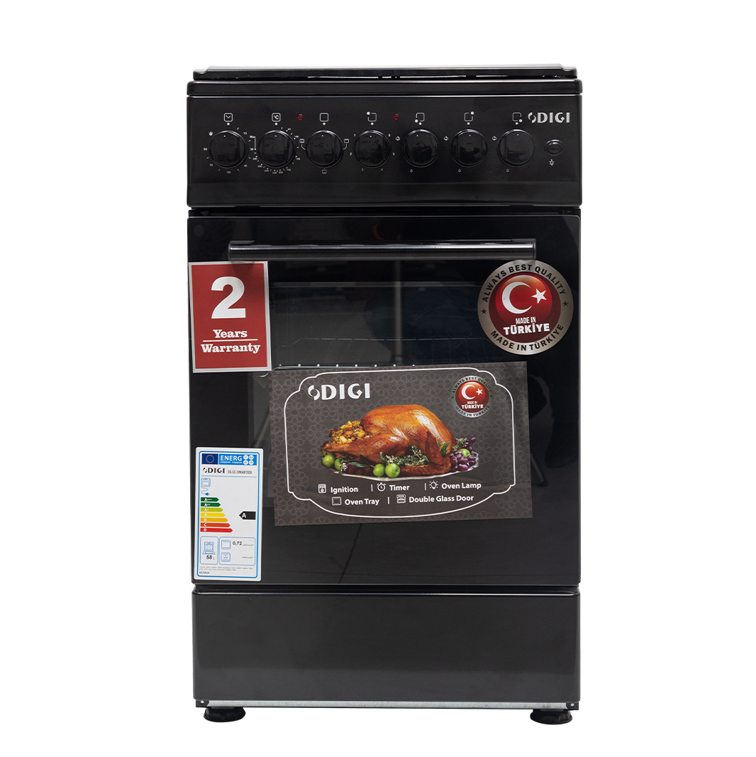 DIGI Cooker 50x50 Black – 3 Gas + 1 Hot Plate, Electric Oven, Thermostat, Push Ignition, 2Y Warranty (2025)